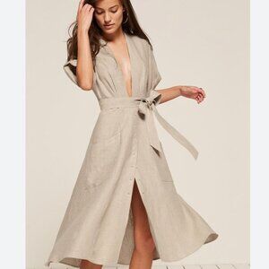 Reformation Geneva Beige Deep V Dress with Tie